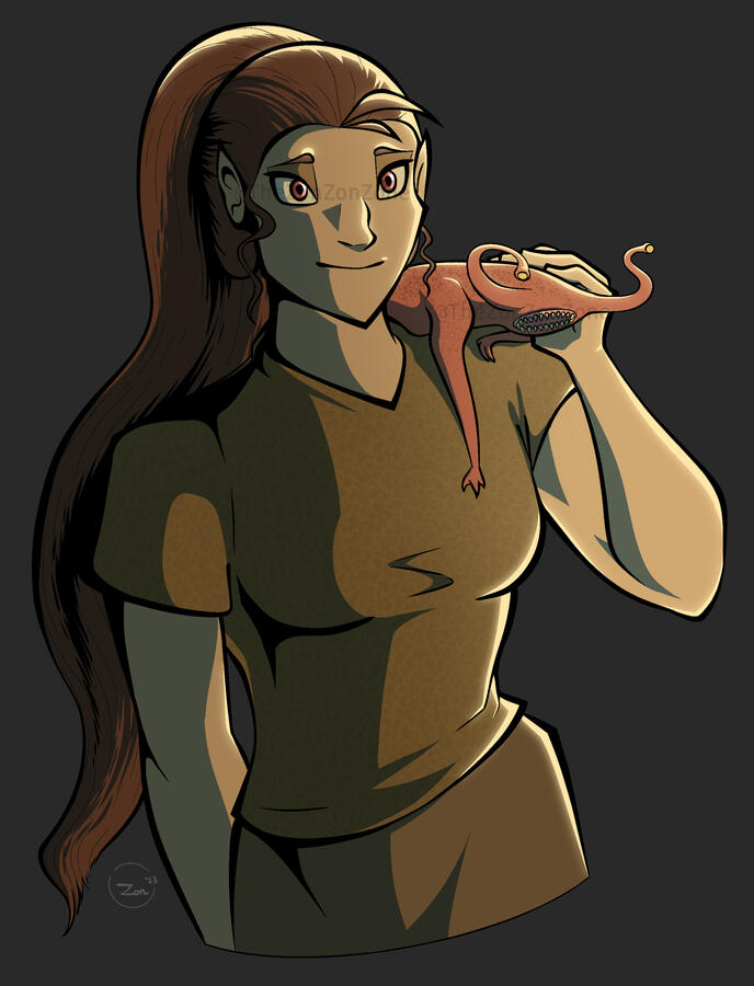 Amira and Slug Fully colored and shaded artwork of an OC elf, in low, warm light. On her shoulder is a mutated slug creature.