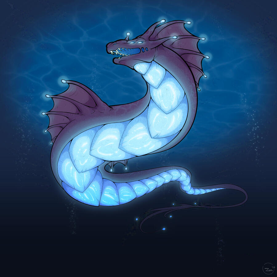 Abyss Watcher A deep sea leviathan creature called an abyss watcher dragon, from the online game, Dragon Cave. It's a large, red, sea dragon with a glowing cyan belly, four short tendrils on its head with glowing tips, a large glowing frill on its head, two side frills