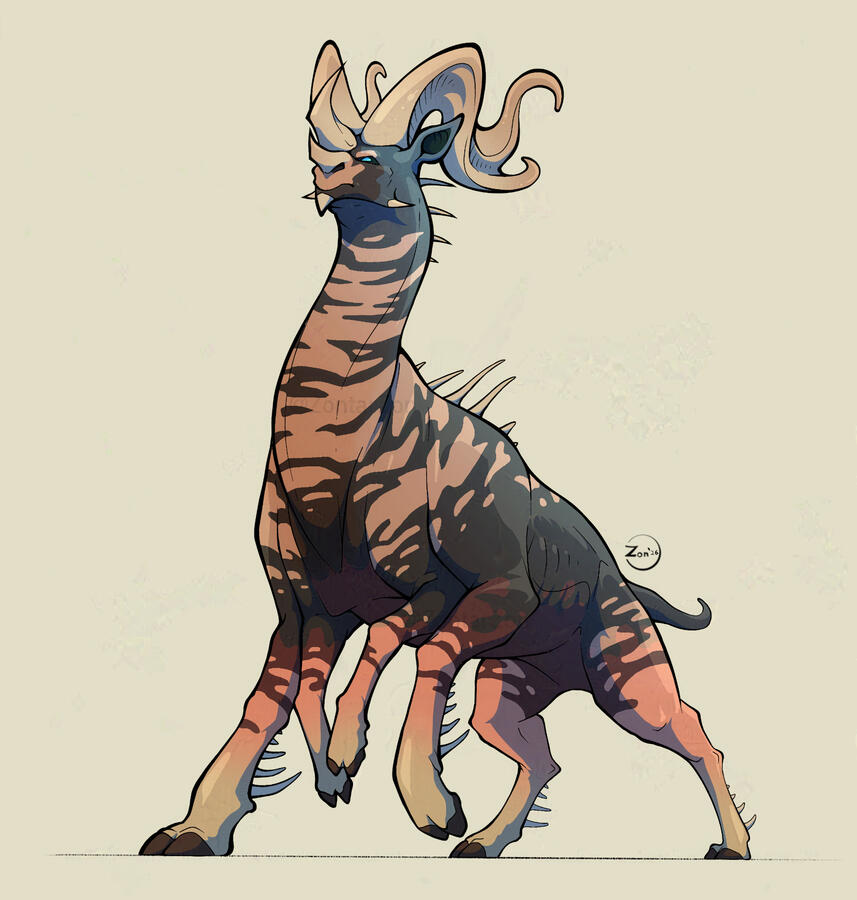 Tera Girafo A Tera Girafo, from the online adoptables game, The Final Outpost. It's a giraffe-like animal with tan stripes, curling horns, rhino horns, and an extra pair of limbs in the front.