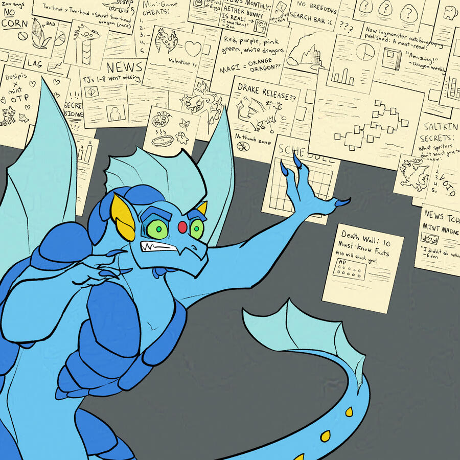 Flat color artwork of a hunter dragon from the online adoptables game, Dragon Cave. It mimics the Charlie Day conspiracy meme by showing the dragon with wide eyes and its hands up, explaining something while gesturing to a massive wall of conspiracy notes.