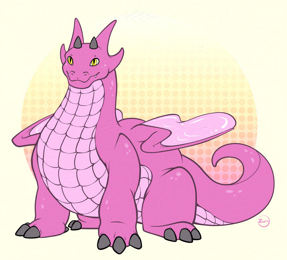 Fullbody flat colored artwork of Islacura for Pheelthemoment. It's a chubby, bubblegum pink dragon with tiled scutes on its belly.