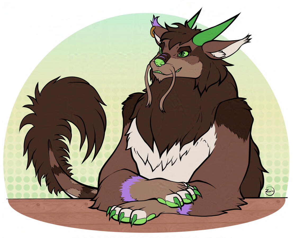 Colored artwork of Koda for JustKodaa. It's furry art of an anthro dragon with shaggy, brown hair, sitting at a table.