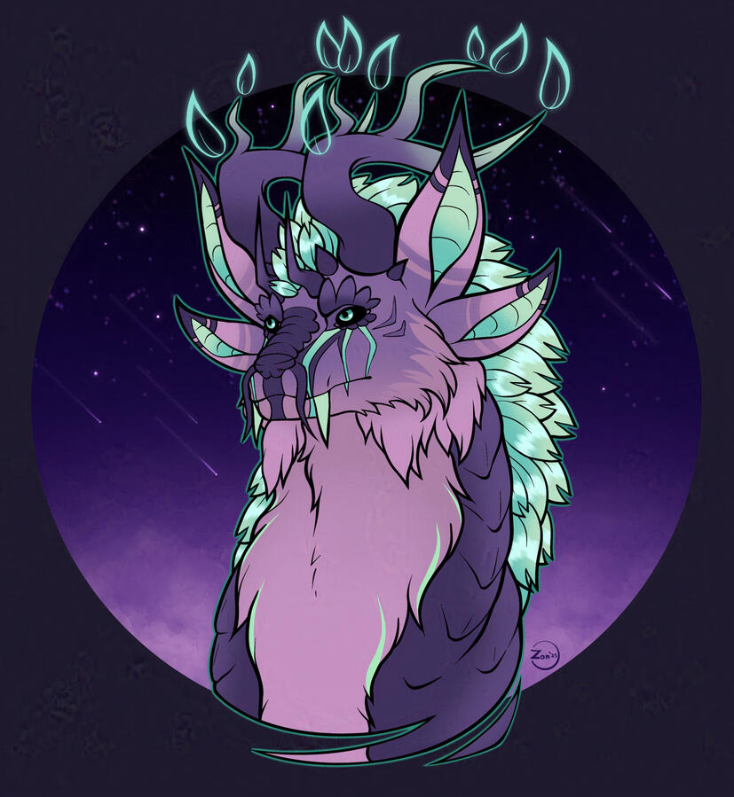 Headshot shaded artwork of Revan for Evariel. It's furry art of a purple, fantasy wolf creature with four ears, fangs, a mane made of leaves, and glowing antlers.
