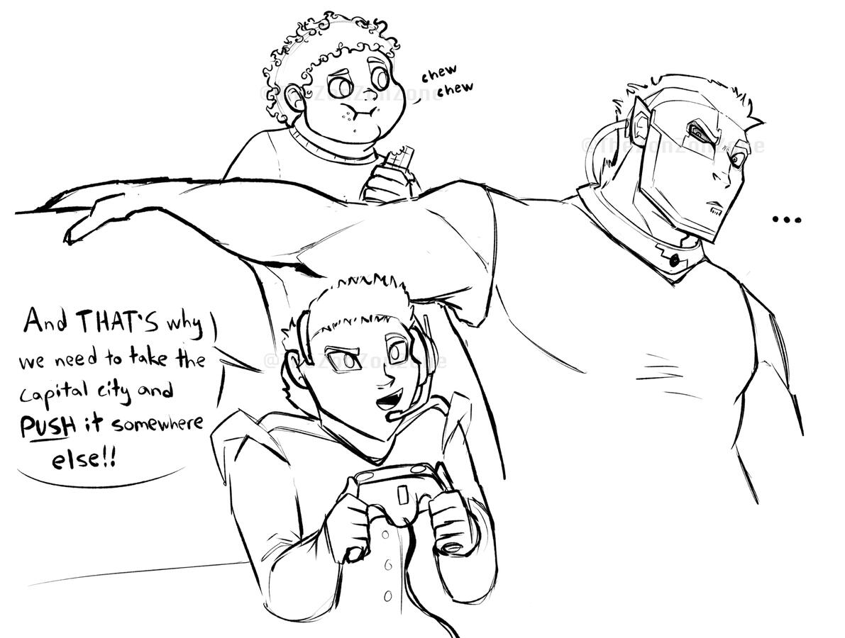 Sketch of characters sitting on a couch. One is playing a video game and says: And that's why we need to take the capital city and push it somewhere else!
