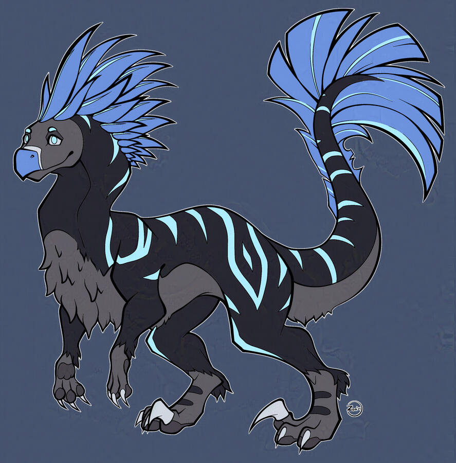 Flat colored fullbody image of Aurora for LuciDatum. It's a velociraptor dinosaur with black/gray skin, cyan tiger stripes, and bright blue plumes.