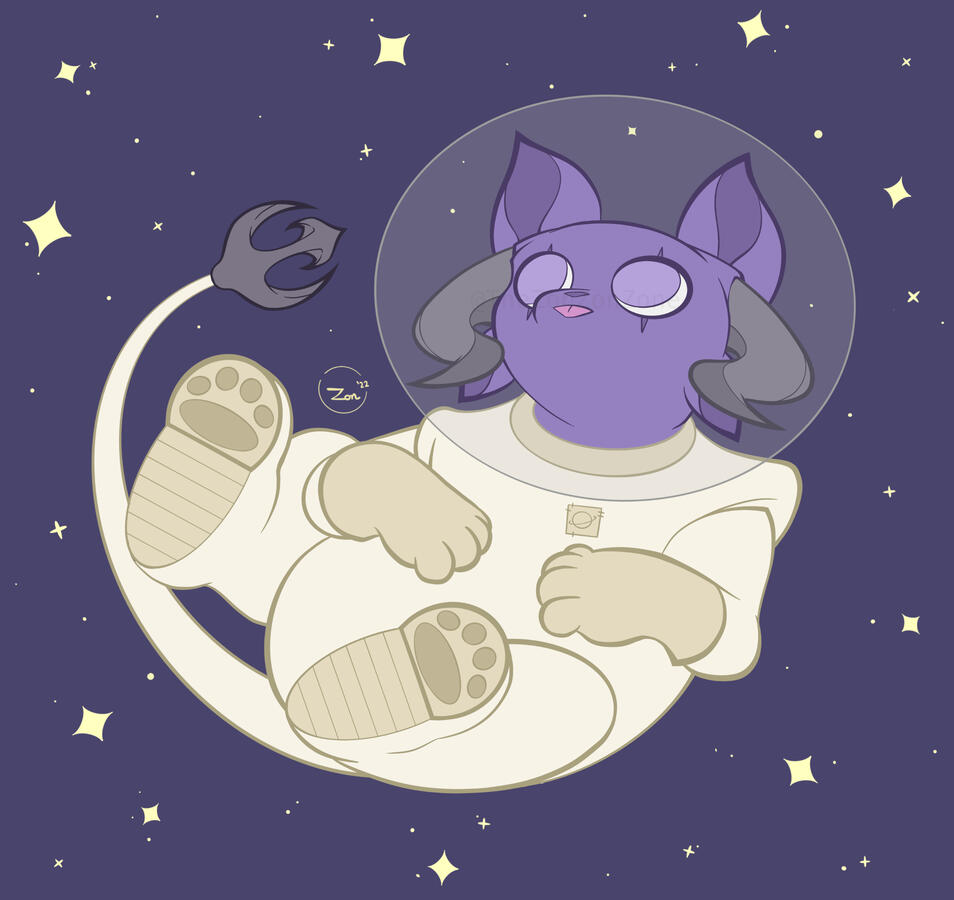 Cute lined and flat colored image of a purple alient cat floating in space wearing a space suit