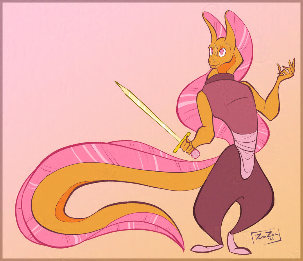 Flat colored and lined character design of an anthropomorphic eel wielding a sword.