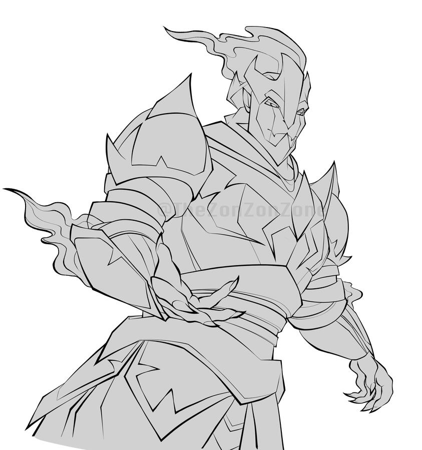 Line art of an OC, an alien character covered in armor with a flaming skull.