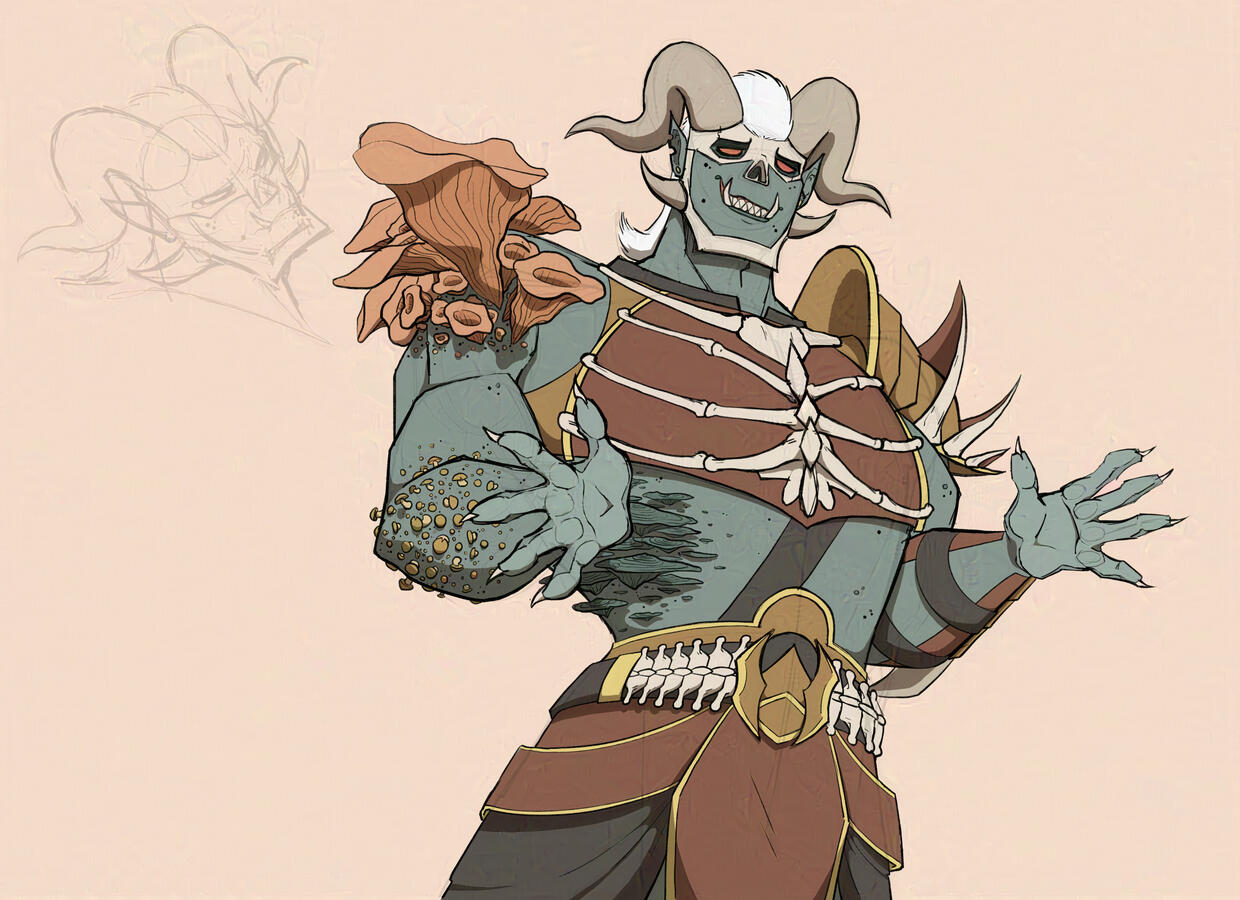 Colored and shaded sketch of a zombie design, with bone armor and a shoulder covered in mushroom growths. He looks sheepish, as if someone is accusing him of something.