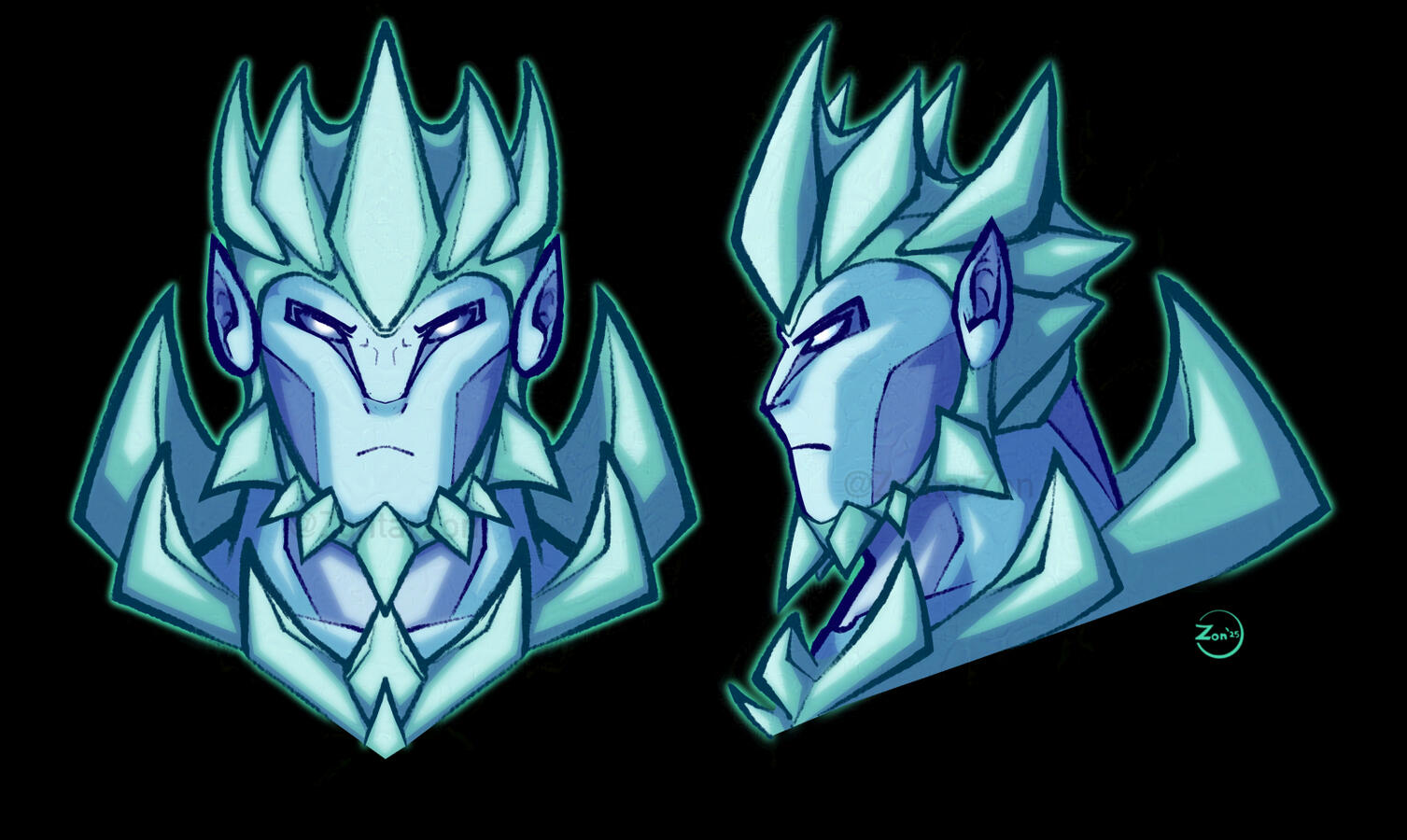 Side by side, shaded headshot profiles of an original character. One is a forward facing profile, and the other is to the side. It's a blue-cyan character who appears to be made of ice.