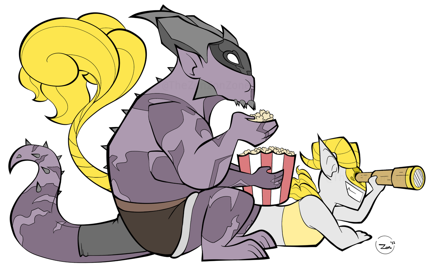 Lined and flat colored OCs, Al and Kal, eating popcorn and looking through a pair of binoculars.
