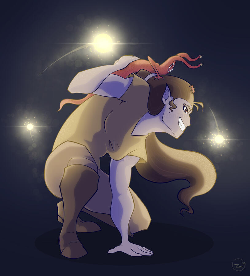 Fully colored and shaded artwork of an OC elf, surrounded by glowing spores. On her shoulder is a mutated slug creature.