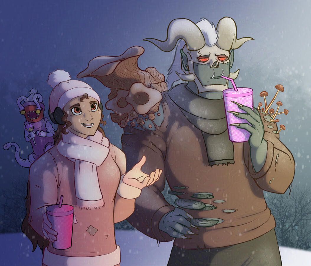 A fully shaded image of three original characters: Slug, Amira, and Sarkotar. They stand outside at night in the snow, illuminated by a warm light. Amira and Sarkotar are holding starbucks cups. Slug is a cat-sized, red slug with four limbs and a lamprey m