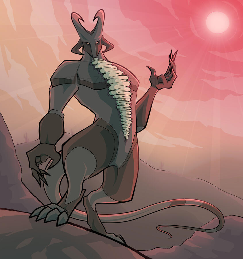 Fully colored and shaded artwork of a monster design. It stands in the desert. Down the middle of its torso is a mouth full of sharp teeth. It's waving hi.