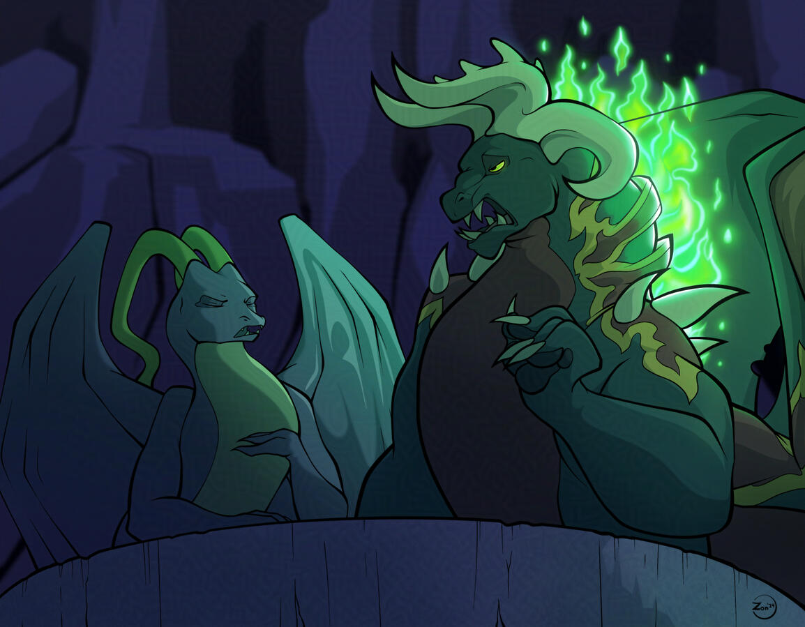 Purple dragon and Pitfire dragon, chatting on a cliff ledge in a cave. Very sassy.