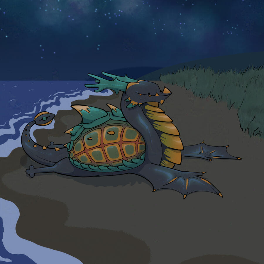 A silly, shaded image of an archelonian dragon from DragCave sitting on a beach at night. It's a turtle-like dragon with black skin, a hard green and yellow shell with spikes, and a long tail. It sits on the beach with its fins outstretched, with a goofy s