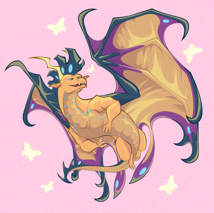 A lined, colored, and shaded image of the avatar of change, a dragon from a game called dragon cave.