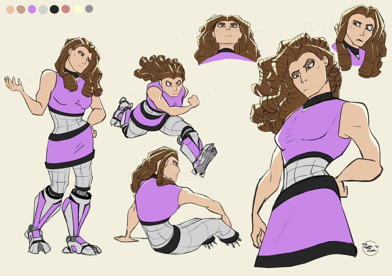 Flat color character sheet of an OC named Meika, a cyborg with cybernetic leg parts below the knees.