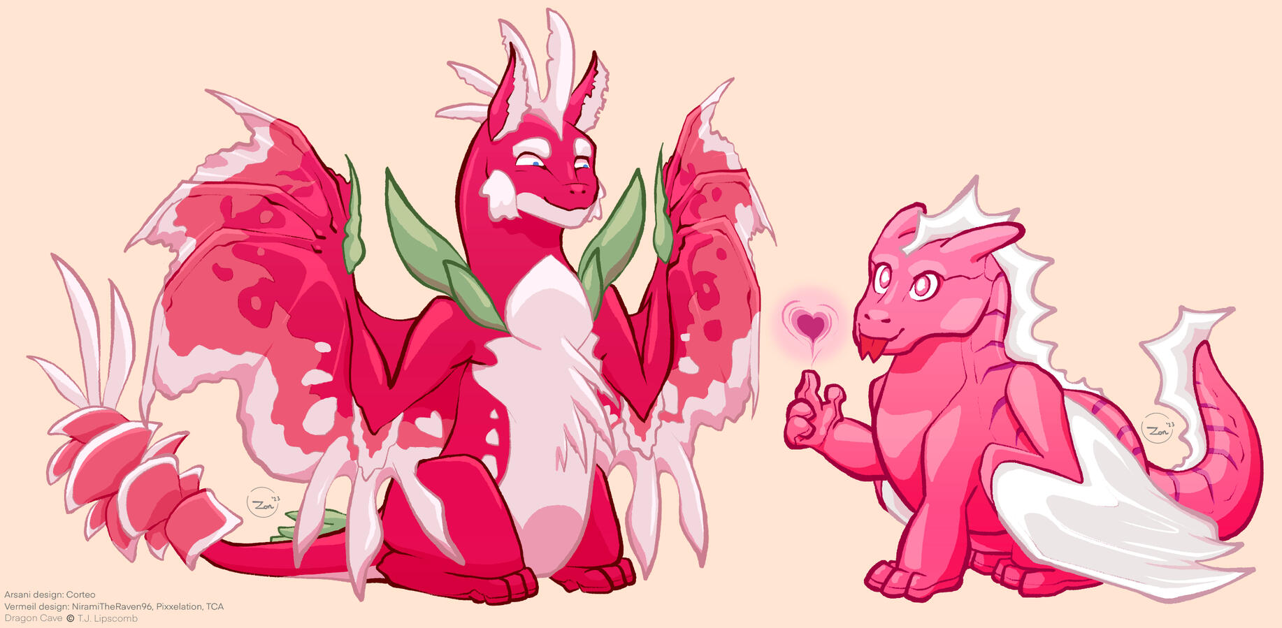 A lined, colored, and shaded image of two Valentine's day themed dragons from Dragon Cave, an online adoptables game.