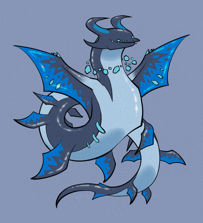 An aeria gloris dragon from the online adoptables game, Dragon Cave. It's a serpentine, indigo dragon with smooth skin and many sets of bat wings along its body. The wing membrane is decorated with cobalt blue, jagged shapes. The dragon's belly is a pale b