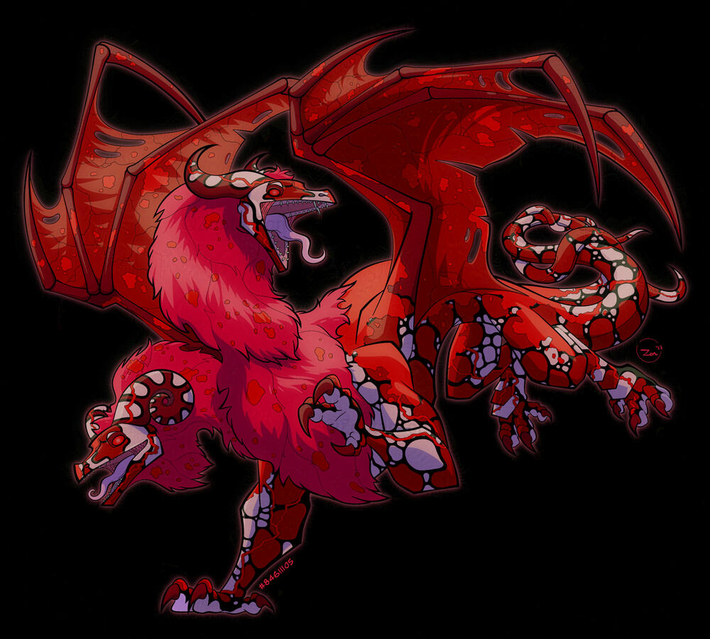 A lined and fully colored/shaded image of RedForty, a two-headed aberration dragon from Flight Rising. He is red.