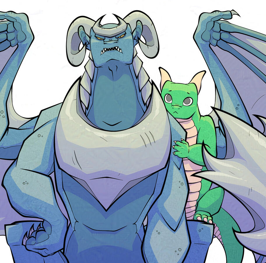 Commission for Googs on the official DragCave discord. The image is a fully rendered commission of two dragons, a guardian and a mint, from the online adoptables game, dragon cave. It depicts a mint, which is a tiny green dragon with no wings, hiding behin