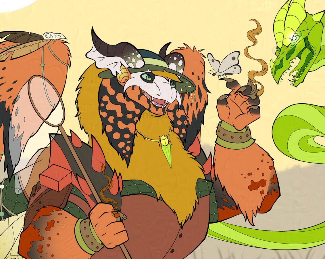 Commission for pheelthemoment on FlightRising for their dragon, Bryony. It depicts Bryony, an orange and yellow tundra dragon from the online adoptables game, Flight Rising. He is wearing bug-catching gear and a net, and he is looking happily at a butterfl