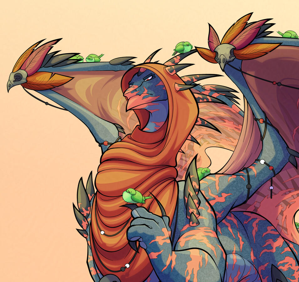 A ridgeback dragon from the online dragon adoptables game, FlightRising. It depicts Ayce, a speckled, dark blue dragon with blood orange wing membrane and crackle gene. She wears a red shawl and feathered bird skulls. Surrounding her are chunky, green bird