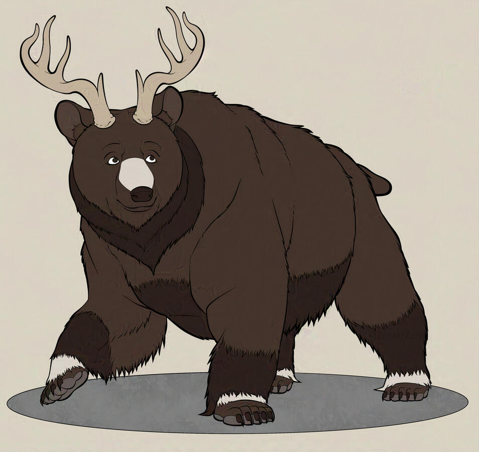 Commission for thehermiticbear/Bearskull on FlightRising. It depicts a large, brown bear with deer antlers and white stripes around its wrists and ankles.